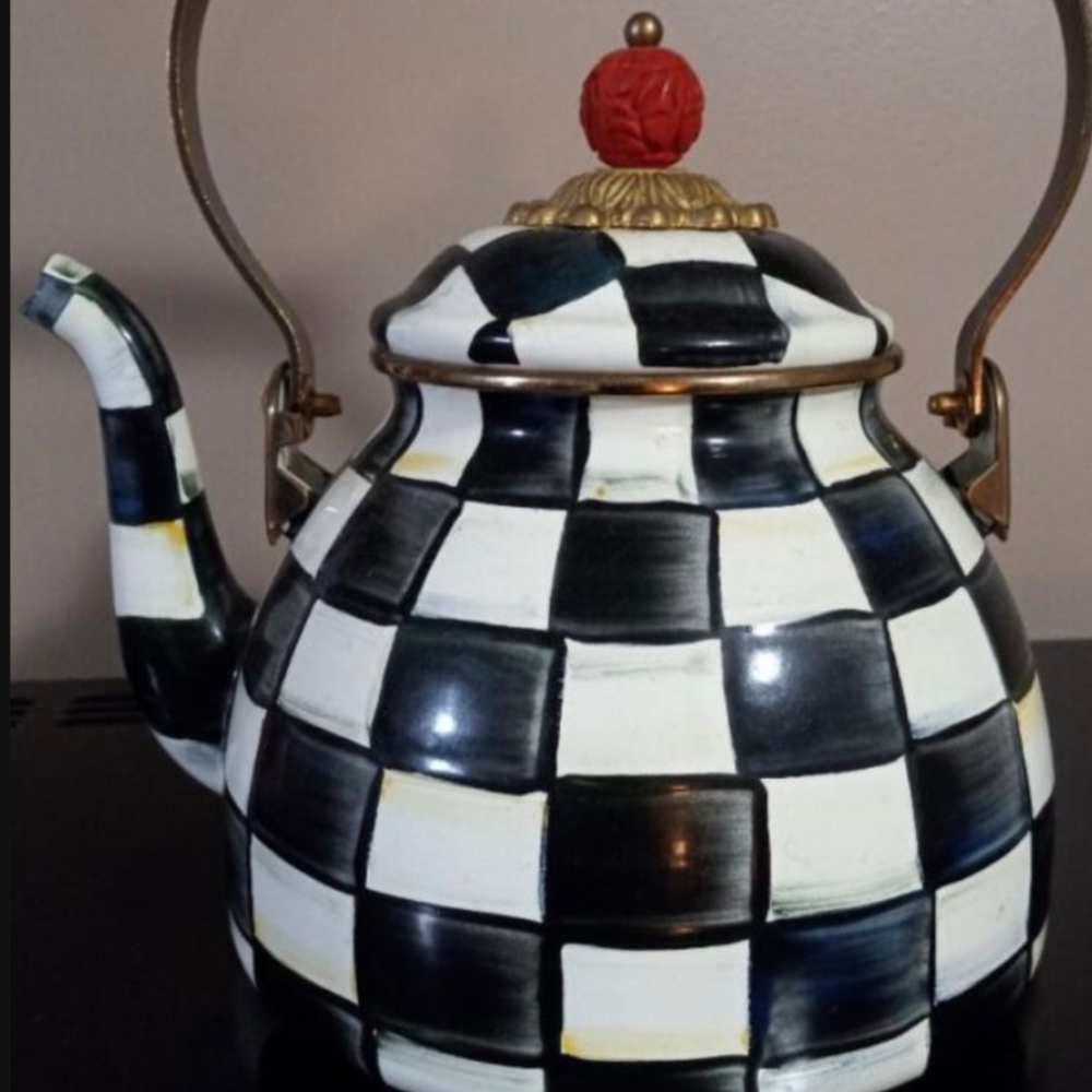 MacKenzie-Childs Black and White Checkered Teapot with Red Accent